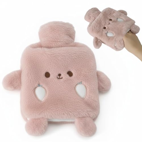Bolsa De Agua Caliente Con Funda de Felpa, 1L Botella De Agua Caliente Peluche Con Bolsillo De Canguro, Caucho Natural, Bolsa de Agua Caliente de Animales de Dibujos Animados para Niños (Rosa)