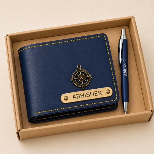 Image of Personalized Men's Wallet with Name & Metal Pen | Customized Slim Stylish Wallet with Charm | Gift for Men, Husband, Boyfriend, Father, Brother | Birthday, Anniversary, Teachers (Blue)