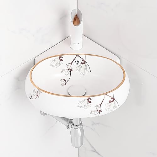 Lavandini Ad Angolo Per Bagno,Lavabo In Ceramica,Lavabo A Parete,Lavello In Ceramica Ad Angolo Con Foro,Lavabo Ad Angolo Su Piedistallo,Montaggio A Parete Ovale,Design Salvaspazio(Golden brown,W41cm/1