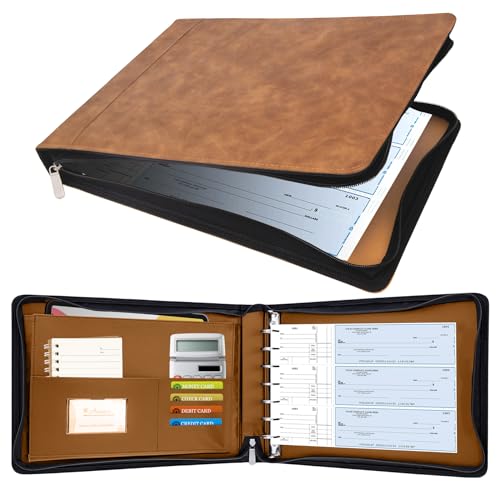 Antner Zippered 7 Ring Business Checkbook Binder Portfolio for 3-on-a-Page Business Checks 600 Checks Capacity PU Leather Check Book Binder Cover for 9x13 Sheets Built-in Storage Organizer Brown