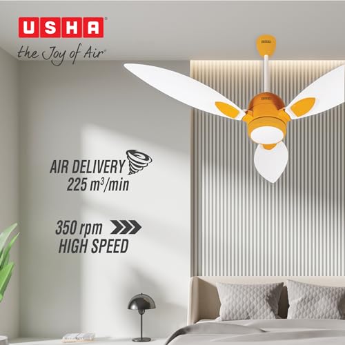 Image of USHA Bloom Sunspire Glow BLDC Ceiling Fan with 3-Mode Underlight |100% Copper Motor |RF Remote |Whisper-Quiet |Dust-Resistant |BEE 5 Star Rated |3Y Motor & 2Y PCB Warranty |White & Saffron Yellow
