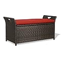 Iwicker Patio Wicker Storage Bench,Outdoor Rattan Deck Box with Cushion, Red