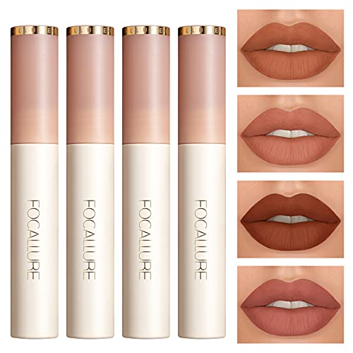 FOCALLURE 4Pcs Matte Lipstick Makeup Set,Velvety Liquid Lipstick,Waterproof Long Lasting Lip Gloss Kit,Smooth Sillky Nude Lipstick for Girls and Women