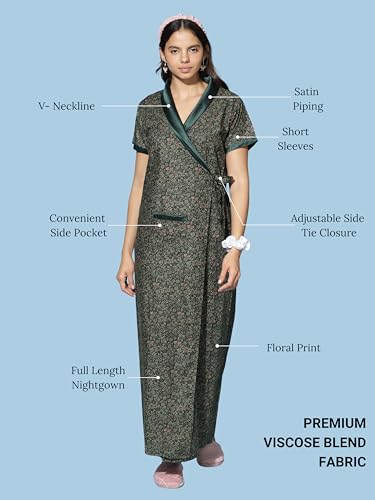 Image of 9shines Label Stylish Cotton Nighty Robe for Women | Front Open Floral Housecoat | Wrap Nighty with Pocket | Adjustable Waist Tie | Plus Size housecoat (HC-2026)
