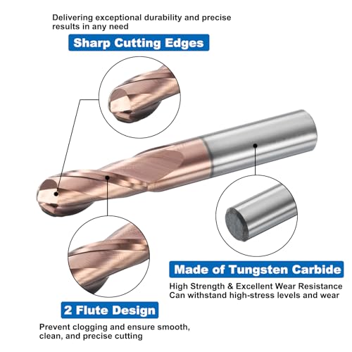 Image of HARFINGTON Ball Nose End Mill 2 Flute 23 /64 inch Diameter 3 /8 inch Shank Tungsten Carbide Uncoated Spiral CNC Router Bits 7 /8 inch Cutting Length Single End Ball for Carving Engraving Grinding