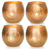 Centre de table exquis pour l'Aïd Mubarak : spécialement conçu pour capturer l'esprit festif de la communauté musulmane diversifiée. Ces bougeoirs votifs servent de décoration ultime de table du Ramadan, que vous organisiez un grand Iftar familial ou une fête intime de l'Aïd. Les motifs dorés scintillants de la mosquée et du croissant de lune ajoutent une touche sophistiquée à n'importe quel décor