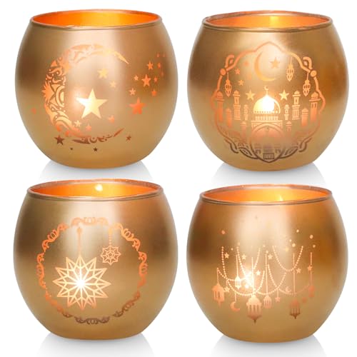 Ramadan Tischdeko 4 TLG., Ramadan Deko f&uuml;r Zuhause, Elegante Goldene Glas Teelichthalter, Luxus Votivkerzenhalter, Eid Mubarak Dekoration, Islamische Geschenke