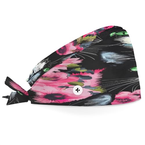 Aglebo Flowers Cats Working Caps with Buttons Sweatband Adjustable Elastic Bouffant Surgical Caps Breathable Nurse Doctor Hat Men Women
