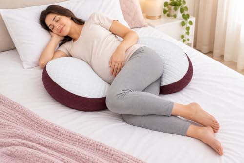 Image of Pregnancy Pillow for Women | Cotton Blend Maternity Pillow for Pregnancy Sleeping | Pillow for Belly Support, Stomach & Hip Pain /Body Support | Washable Cover (White & Maroon, Set of 2)