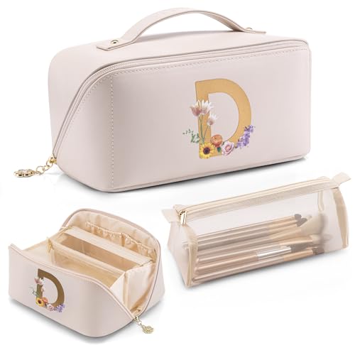 VLANDO Makeup Travel Bag with Separate Brush Pouch,Letter D,Off White