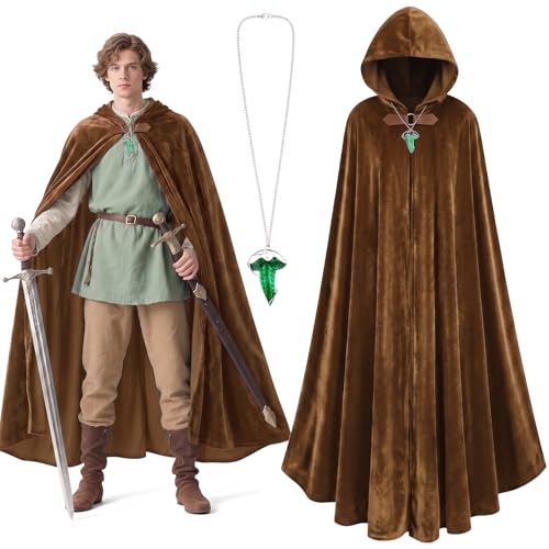 BSBUY Średniowieczny płaszcz z kapturem, płaszcz hobbit, 2 szt. peleryna na Halloween dla kobiet mężczyzn z naszyjnikiem, Renesans Dorosły peleryna na Halloween Halloween Cosplay, 100 cm, Brązowy, 140