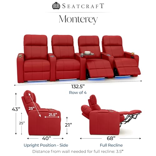 Image of Seatcraft Monterey Home Theater Seating Red Row of 4 | Italian Leather, Wall Hugger, Zero Gravity, Powered Headrest, Power Recline, Zero Gap, USB charging