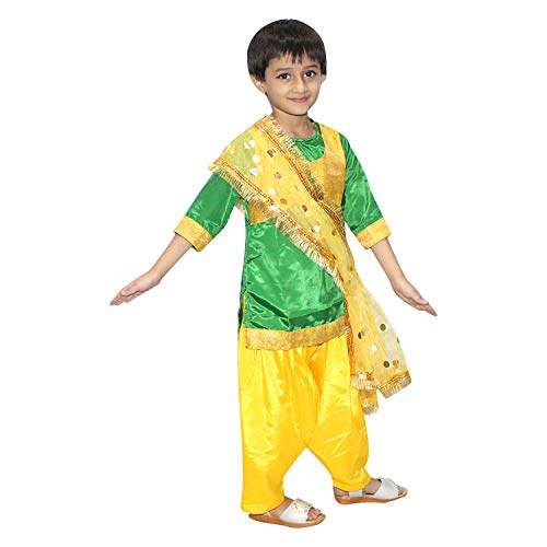 Image of Kaku Fancy Dresses Indian State Punjabi Folk Dance Costume For Kids /Salwar Suit With Dupatta For Girl Costume - Green & Yellow, 10-12 Years