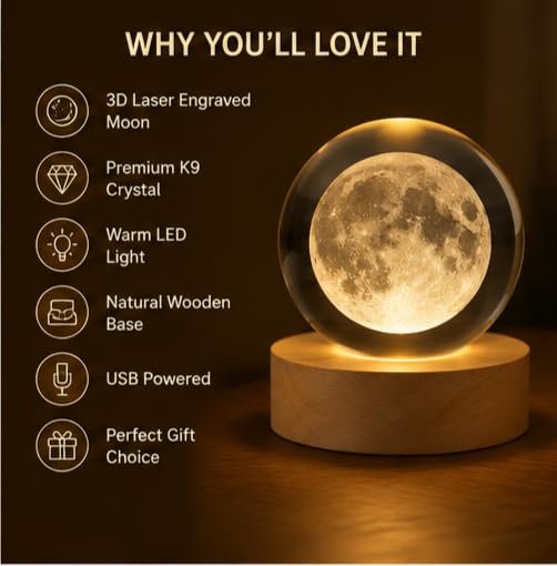 Image of Crystal Ball Night Light with Wooden Base, 3D Crystal Ball Night Lamp Touch Control LED Lamp, Bed Side Table Lamps for Bedroom, Table Lamp for Study Room, Home Decoration Items (Moon)