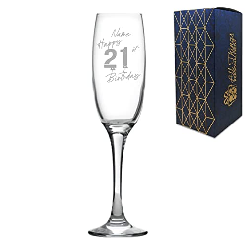 Personalised Engraved Champagne Flute Happy 21st Birthday Balloon Design Gift Boxed, Glass Holds 7.43oz/220ml, Customise with Any Name, Engraved in The UK