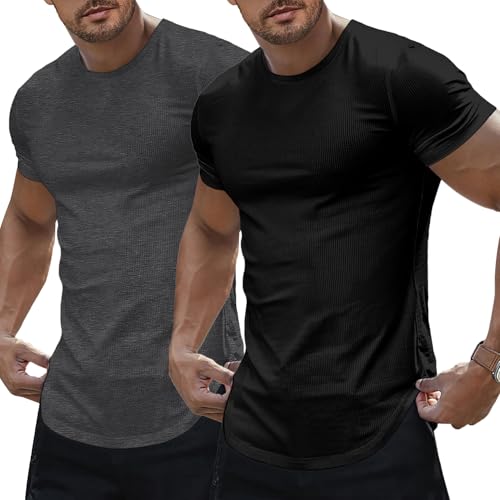 JMIERR Mens Short Sleeve Casual Shirts Muscle Slim Fitted Fashion Shirt Crewneck Longline Tees Shirts for Gym Workout Athletic, US 46(XL), 2 Pack