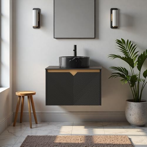 Image of 24 inch Bathroom Vanity with Sink, Wall-Mounted Bathroom Vanity with Black Round Ceramic Vessel Basin, Modern Plywood Floating Vanity with Twill Double Doors, Bathroom Storage Cabinet, Black