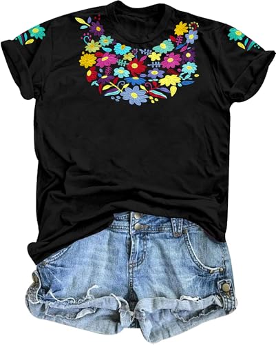 Mexican Shirts for Women Boho Embroidered Floral Shirt Fiesta T Shirt Casual Short Sleeve Tops