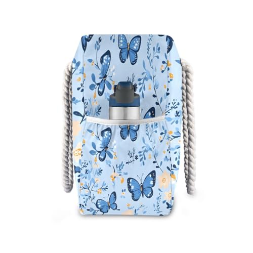 Beach Bag - Large Tote Bags for Women Blue Butterflys Flowers Pattern Shoulder Bags Zipper Waterproof Sandproof for Travel Gym Swim Daily3