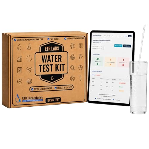 ETR Labs Basic Water Quality Test Kit - Tests 53 Substances in Well & Tap Drinking Water (Metals, Nitrates, Lead, Hard Water, pH Levels) - Home Sample Kit with Prepaid Mailer & Expert Lab Support