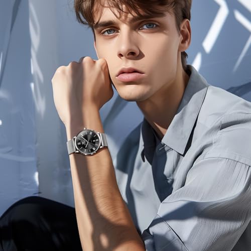 Image of OLEVS Watches for Men Analog Quartz Fashion Dress Analog Quartz Minimalist Simple Slim Thin Stainless Steel Mesh Strap Waterproof Date Mens Watches