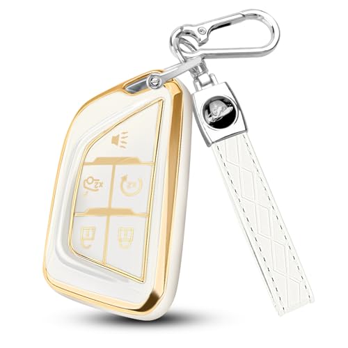 Image of QBUC for Cadillac Key Fob Cover with Leather Keychain (Gold Trim White) | Soft TPU Protection Case Compatible with 2020-2026 Cadillac Escalade Lyriq Optiq 5-Buttons