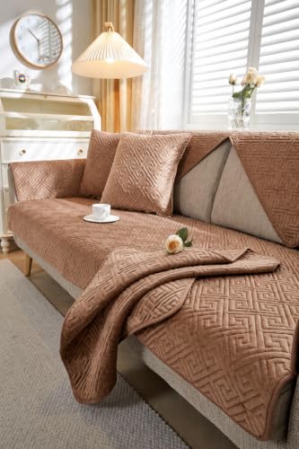 Image of HOMETHREADS Innovative Premium Velvet Sofa Cover Mat with PVC Backing for Non-Slip Comfort | (Brown Vrsh, 1Pc Backrest Mat | 70x70cm)