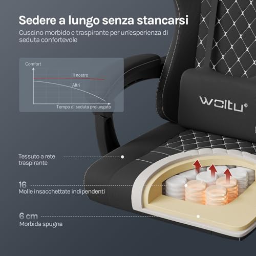 Sedia Gaming con Massaggio, Sedia da Ufficio Ergonomica Girevole Ampia Imbottita per Computer con Cuscino Lombare Massaggiante, Carico 150 Kg, Tessuto a rete, Nero+Bianco - Sedia gaming - Immagine 3