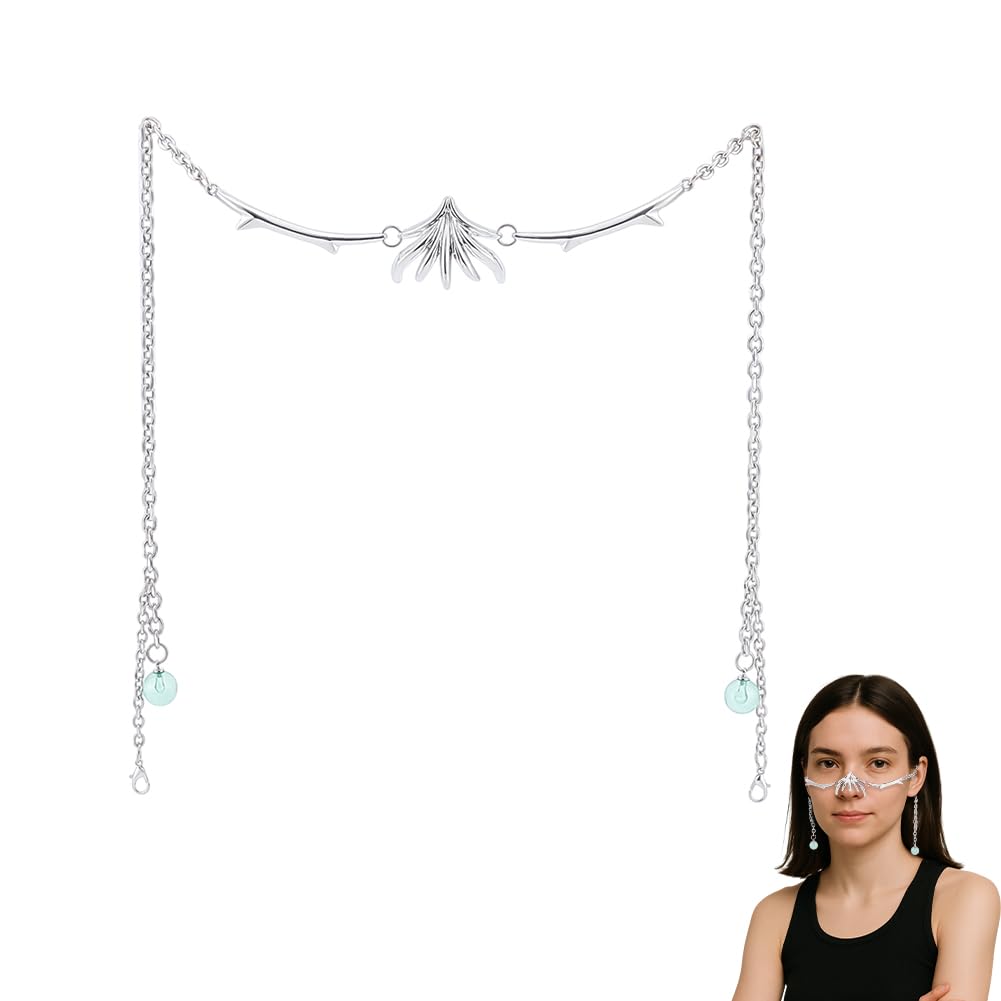 AHANDMAKER Cyber Punk Half Mask, Unisex Mechanical Face Chain with Green Glass Beads Irregular Jewelry Silver Metal Nose Chain for Halloween Party Cosplay Masquerade Costume Accessories