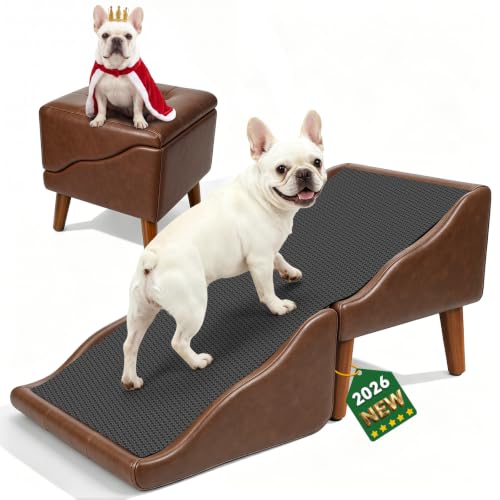 Image of Dog Stairs for Small Dogs 16 inch H, Foldable 2-in-1 Ottoman Dog Ramp for Couch