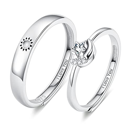Beydodo His And Hers Wedding Ring Sets, Matching Couple Rings Adjustable 925 Silver Sun Moon and Star Ring Engraved I Love You