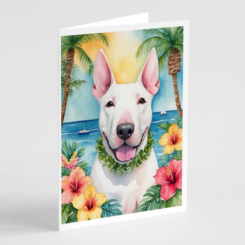 Caroline's Treasures English Bull Terrier Luau Greeting Cards Pack of 8 Blank Cards with Envelopes Whimsical A7 Size 5x7 Blank Note Cards