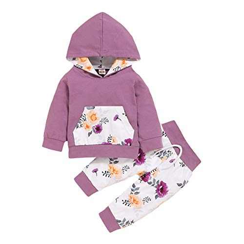 Image of 3Pcs Infant Toddler Baby Girl Clothes Long Sleeve Hoodie with Pocket Tops Floral Pants Outfits Set with Headband