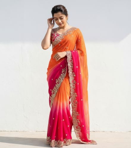 Image of Amazon Brand - Tavasya Fancy Fendy Satin Silk Saree with Multi Sequence Embroidery Work | Heavy Embroidered Wedding Party look Saree with Running Blouse Piece
