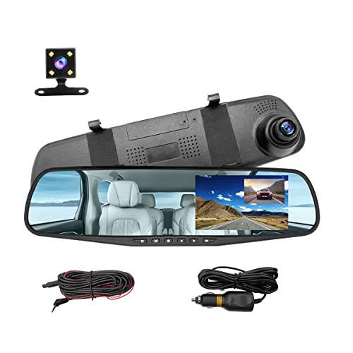 Mirror Dash Cam for Car, 4.3″ Backup Smart Rearview Mirror Camera, Waterproof HD 1080P Front and Rear Wide Angle, Support Dual Cameras, Night Vision, Parking Assistance & Loop Record