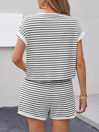 Image of Tankaneo Womens Summer 2 Piece Sets Striped Short Sleeve T Shirts and Shorts Loungewear Matching Set