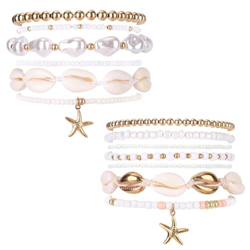 13pcs Summer Beach Beachy Bracelets Set, 2 Styles Stack Stackable Seashell Sea Shell Bracelets & Bohemian Beaded Jewelry Elastic Starfish Charm Jewelry for Women Vacation Summer Beach Party Gift