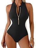 Aidonger Women's Athletic Rash Guard One Piece Swimsuit Zipper Mock Neck Bathing Suit Slimming Racerback Swimwear Black, White