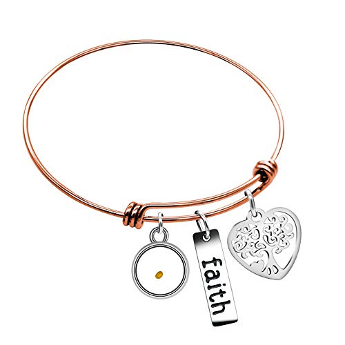 Image of Uloveido Stainless Steel Tree of Life Bangle Mustard Seed Pendant Faith Cuff Bracelet Gifts for Women Teen-Girls Y639