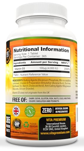 Vitamin D 4,000 IU Tablets, Maximum Strength Vitamin D3 Supplement, 365 Easy to Swallow Tablets - Full Year Supply - Image 4