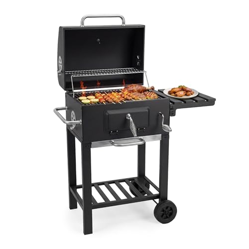 BBQ Grill, Smoker Charcoal Barbecue Grill with Adjustable Charcoal Pan, Built-in Thermometer, Convenient Charcoal Access Opening and Storage, Wheels for Home Cooking Garden Outdoor