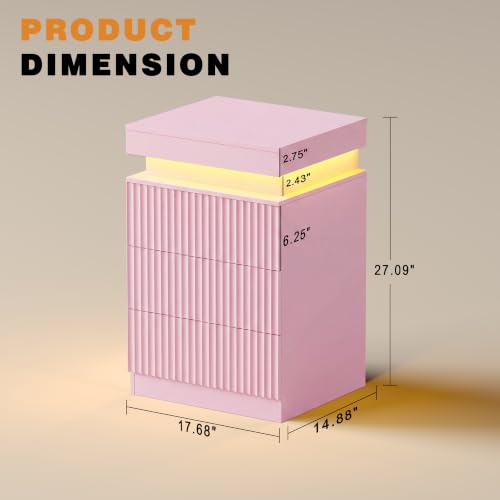 Image of Nightstand Bedside Table with Charging Station & LED Lights, Pink | RGB Lights, Hidden Sliding Top, 2 AC Outlets & 2 USB Ports, 3-Drawer Storage, Modern Fluted End Table for Bedroom
