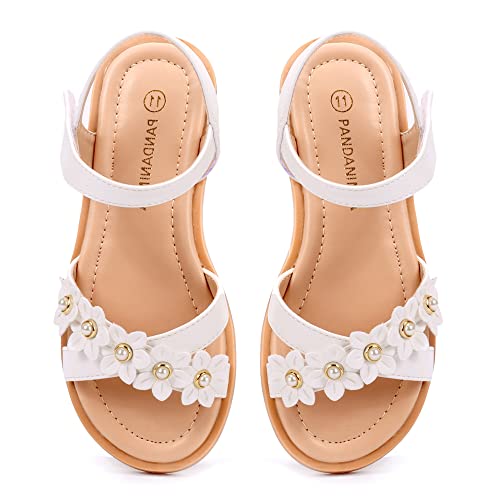 Pandaninjia Mary Girls Sandals Open Toe Cute Flower Pearl Flats Dress Sandals Cross Strappy Summer Shoes Toddler/Little Kid/Big Kid (White Pu, 13 M Us Little Kid) #TOP3