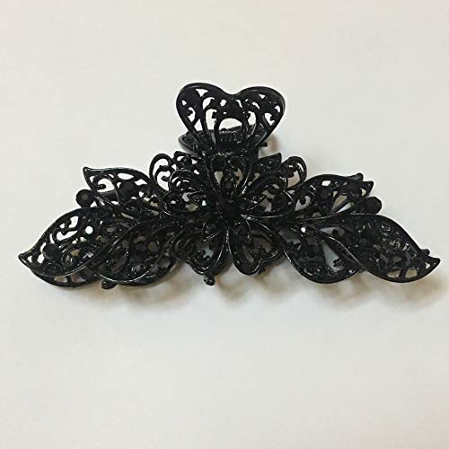 Pinza para el cabello Fodattm Lady Women Negro Retro con flores, clip para el cabello vintage con pedrería, aleación, tamaño grande, para cabello grueso miniatura 2