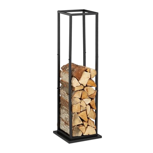 Relaxdays Leñero Alto de Metal, Soporte de Leña, Estantería para Secar Troncos, Chimenea, Estufa, 121x35x35 cm, Negro, Acero