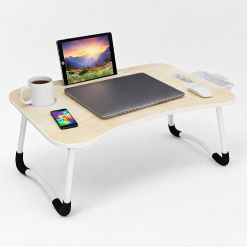 Image of GoRogue Foldable Wooden Mini Laptop Table for Bed, Study Table with Drawer, Tablet /Mobile Holder for Kids & Adults (Beige), 40 Centimeters, 60 Centimeters