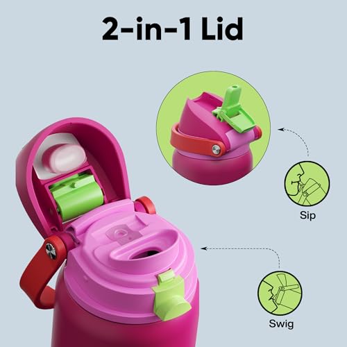 Image of Insulated Water Bottle with Straw - Encool Stainless Steel Water Bottle with Push Button Lid, Leak-Proof & BPA-Free, Keeps Cold for 24 Hours for Sports, Travel, Gym (32 oz, Cerise Pink)