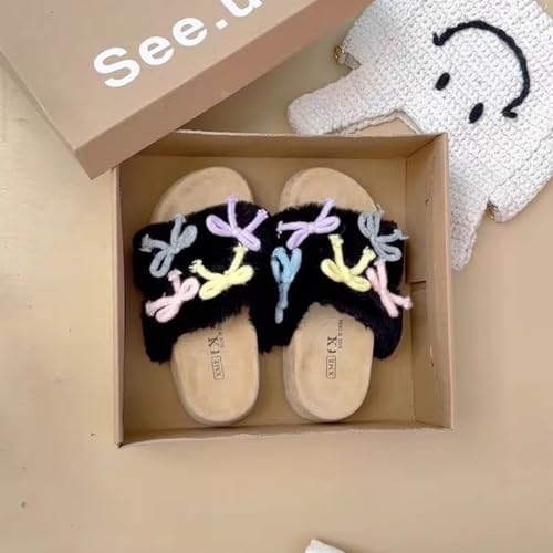 ZQW Plush Fuzzy Bowknot Slippers for Women Y2K Cute Non-slip Lightweight Breathable Soft Slides Winter Indoor Outdoor Shoes4