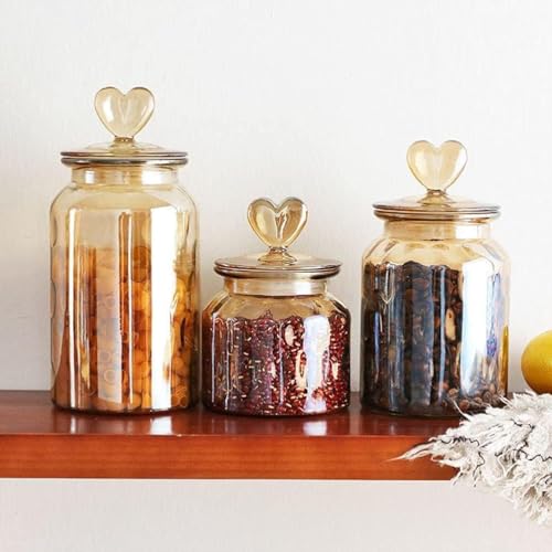 Image of MARTVIA Brown Glass Food Storage Jars with Glass Lids 1000ml Set of 4, Love Heart Handle Lid Jar for Home Kitchen,Flour, Sugar, Coffee, Pasta,Grains, Cookies, Snacks (Heart 1000 ML Jar, SET OF 4)