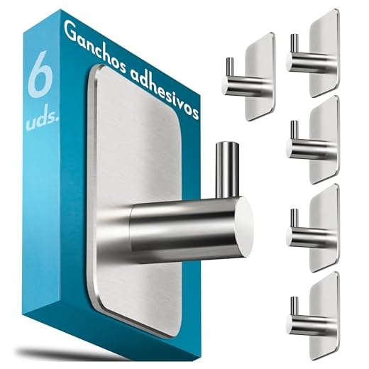 Menz Ganchos adhesivos para pared - set de 6, acero inox - colgador toalleros de baño sin taladro, perchas autoadhesivo fuertes para baño cocina albornoz trapos, Plateado